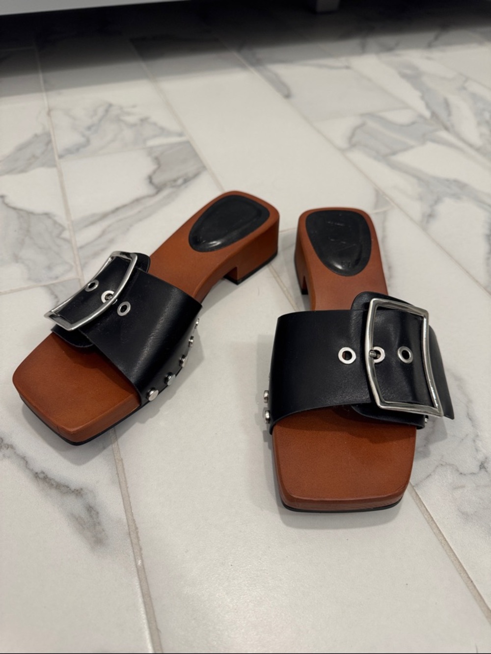 Zara Black Leather Buckle Slide Mules with Brown Footbed